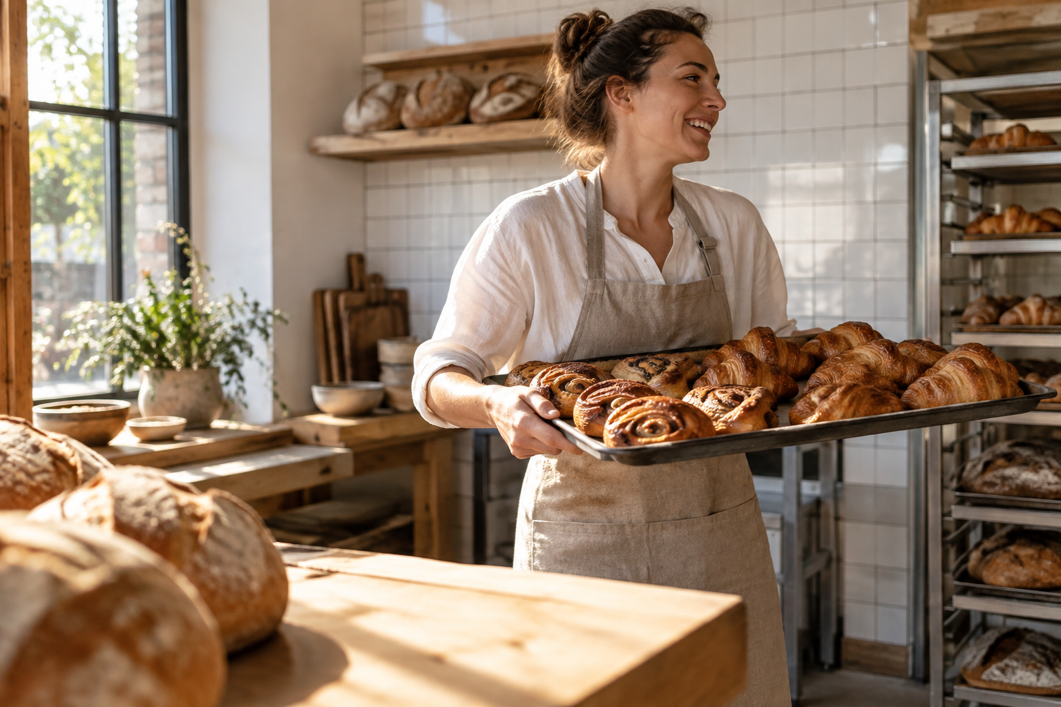 Baker carrying trays of fresh bread in a warm bakery