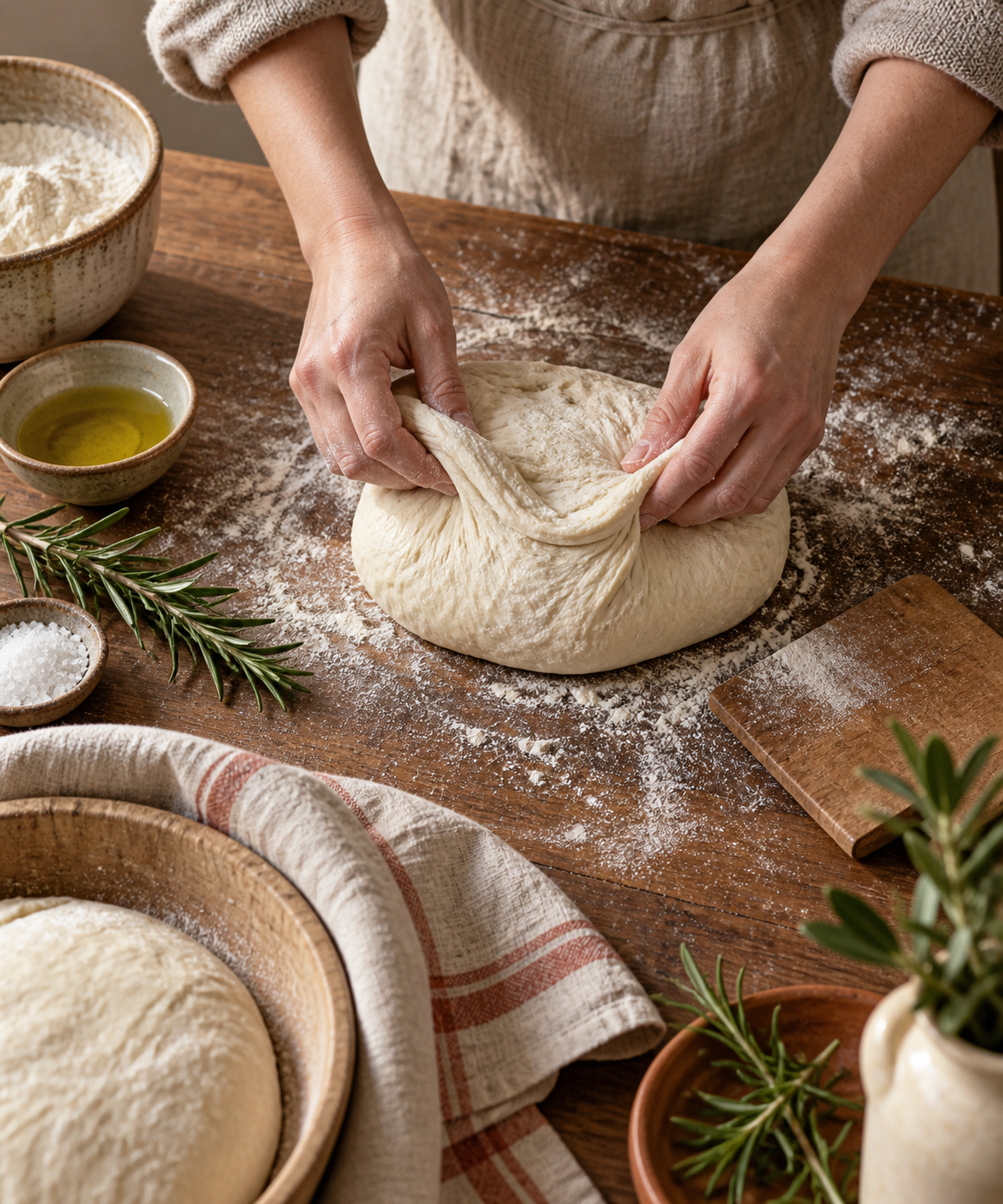 Hands folding fresh dough on a flour-dusted table